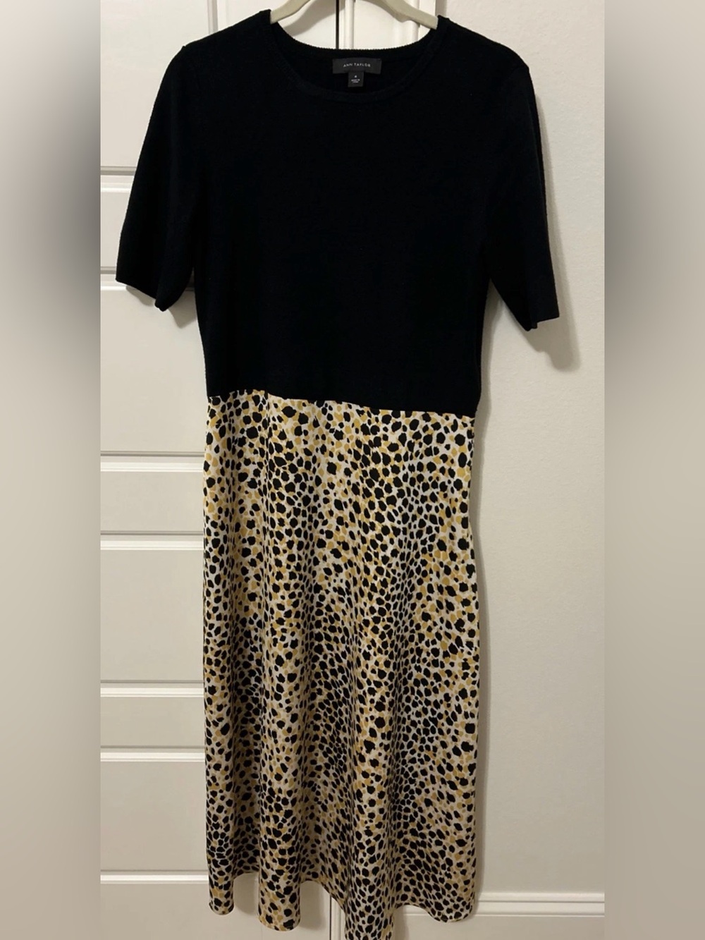 Ann Taylor Black Top with Leopard-Print Midi Skirt